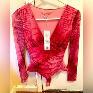 Pink animal print V neck body suit sheer sleeves